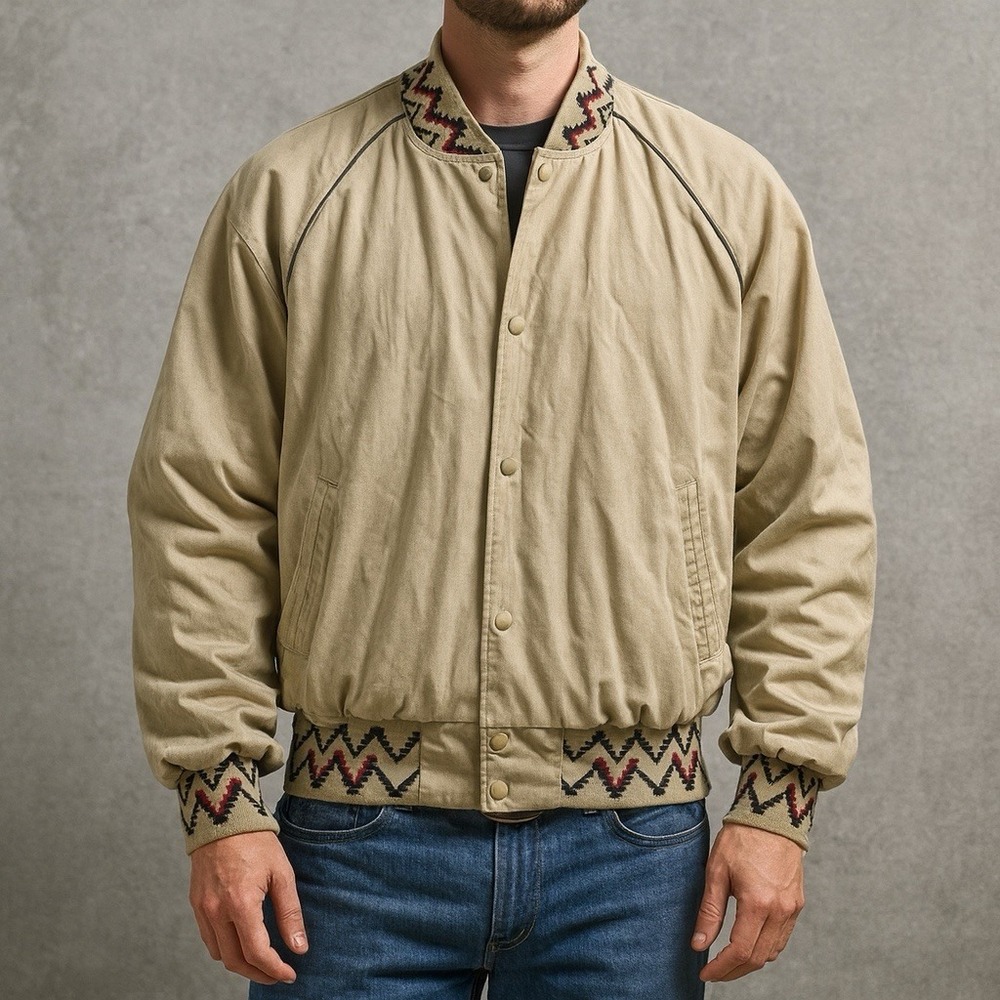 Vintage Westark Aztec Trim Jacket XL Southwestern Beige Snap Button‎ USA 90s